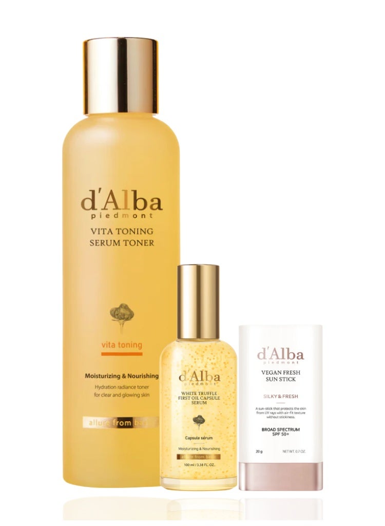 d'Alba Dryness & Dull Skin Care Set – D’alba Serum Toner + Capsule Serum + Vegan Fresh Sun Stick SPF50+ for Hydration, Radiance & Daily Protection - Image 1