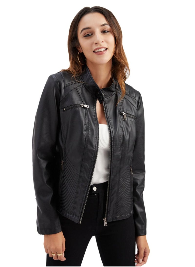 2023 New Women's Casual Leather Stand Neck Jacket Black - pzsku/Z98FB6CD9E84832858CB9Z/45/_/1691899810/635a4aa9-1d74-4015-bbbb-d65a7989fb84