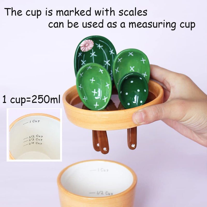 XDONEF Cactus Measuring Spoons Set in Pot Ceramic Cute Measuring Cups and Spoons Unique Baking Gifts for Dry Wet Ingredients Dishwasher Safe 1 Tbsp 1 TSP 1/2 TSP 1/4 TSP 1 Cup Green - Image 4