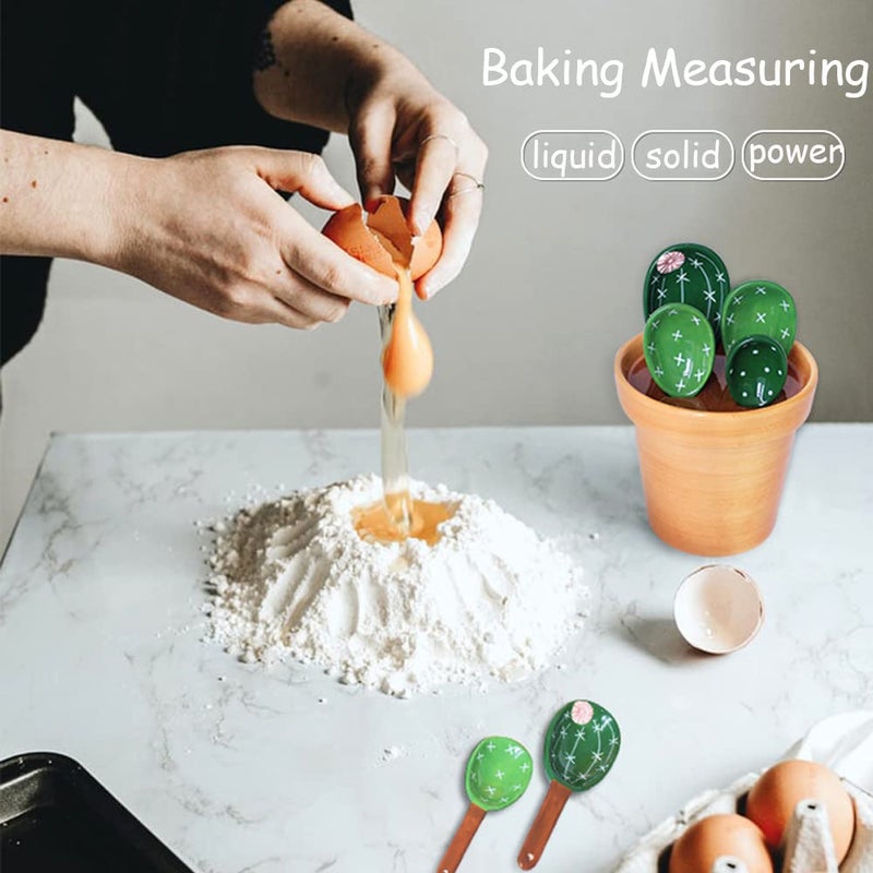 XDONEF Cactus Measuring Spoons Set in Pot Ceramic Cute Measuring Cups and Spoons Unique Baking Gifts for Dry Wet Ingredients Dishwasher Safe 1 Tbsp 1 TSP 1/2 TSP 1/4 TSP 1 Cup Green - Image 2