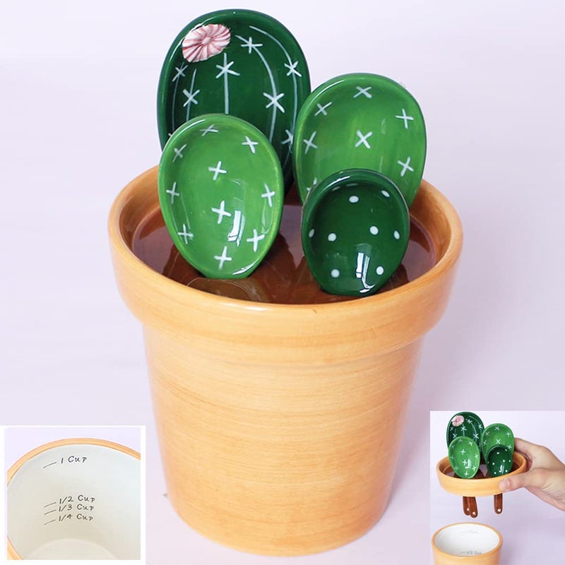XDONEF Cactus Measuring Spoons Set in Pot Ceramic Cute Measuring Cups and Spoons Unique Baking Gifts for Dry Wet Ingredients Dishwasher Safe 1 Tbsp 1 TSP 1/2 TSP 1/4 TSP 1 Cup Green - Image 1