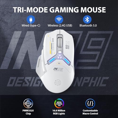 INPHIC IN9 Wireless Gaming Mouse Real TriMode 24G WirelessTypeC WiredBluetooth Mouse 10k DPl Fully Programmable RGB Lighting Hyperspeed Rechargeable Wireless Mouse for Laptop PC Computer Mac - Image 3