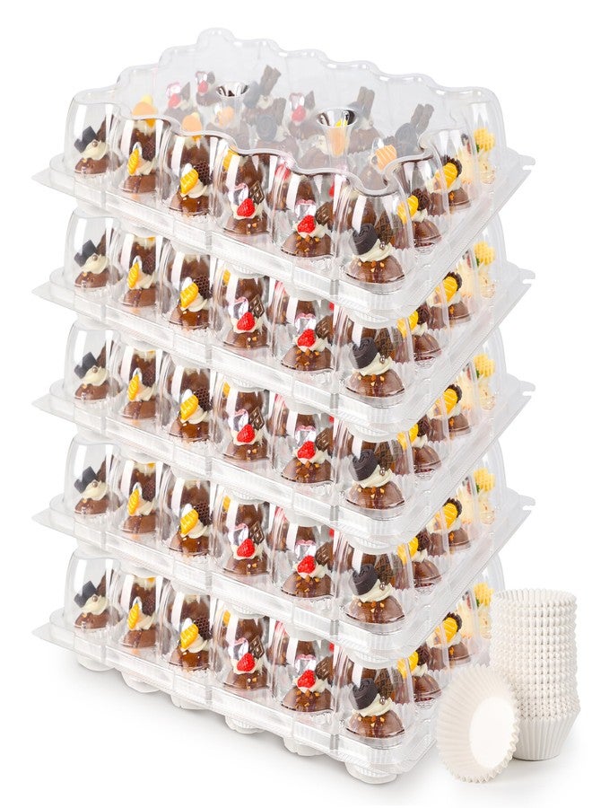 LOKQING Mini 24 Count Cupcake Containers 15 Pack with 360 Pack Cupcakes Liners, Plastic Cupcake Holder, Stackable Mini Cupcake Boxes Carrier, Clear Disposable Cupcake Trays, High Dome - Image 1