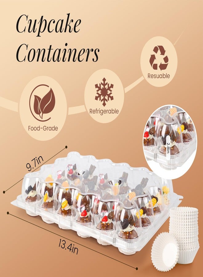 LOKQING Mini 24 Count Cupcake Containers 15 Pack with 360 Pack Cupcakes Liners, Plastic Cupcake Holder, Stackable Mini Cupcake Boxes Carrier, Clear Disposable Cupcake Trays, High Dome - Image 3