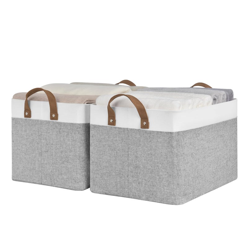 StorageWorks Storage Bins Fabric Storage Bins for Shelves Large Storage Baskets with Metal Frame Closet Baskets and Bins with Handles Gray and White 2Pack