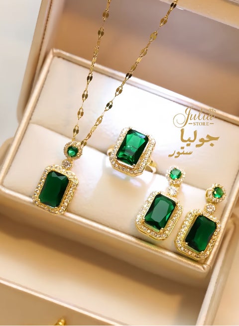 Rhinestone Zircon Simulated Green Emerald Pendant Earrings Ring Necklace Set 18K Gold Plated Stainless Steel Jewelry Set of 3