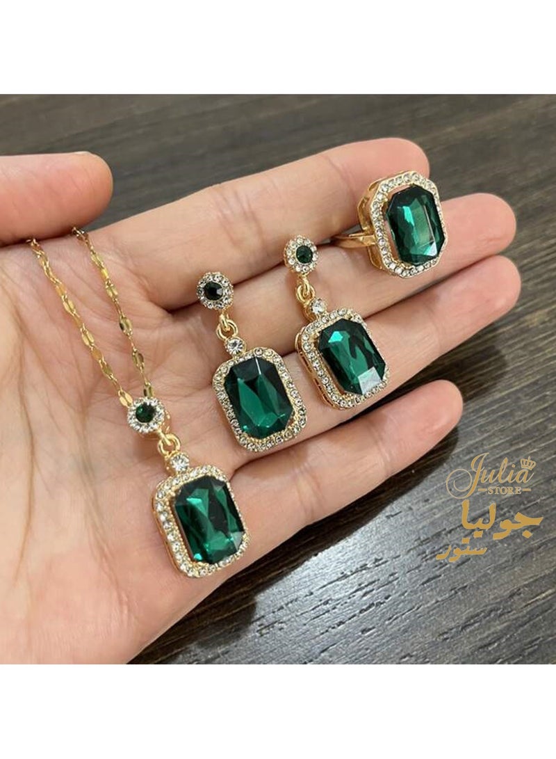 Julia Store Rhinestone Zircon Simulated Green Emerald Pendant Earrings Ring Necklace Set 18K Gold Plated Stainless Steel Jewelry Set of 3  - Image 2