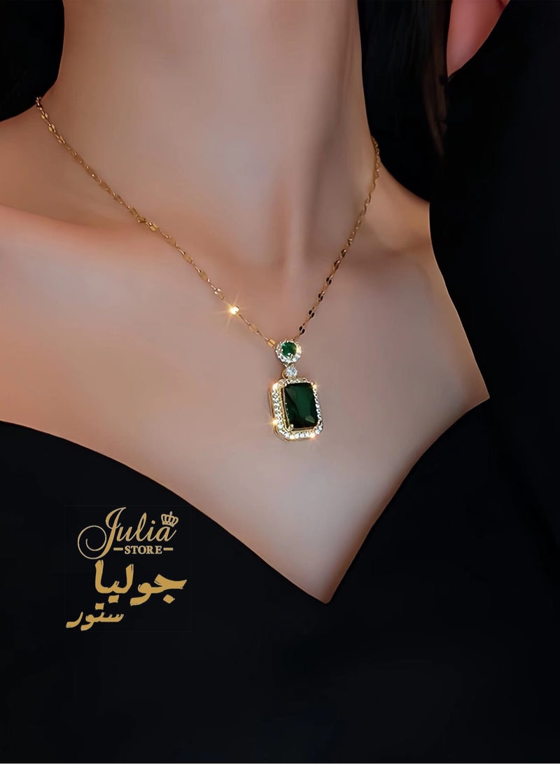 Julia Store Rhinestone Zircon Simulated Green Emerald Pendant Earrings Ring Necklace Set 18K Gold Plated Stainless Steel Jewelry Set of 3  - Image 3