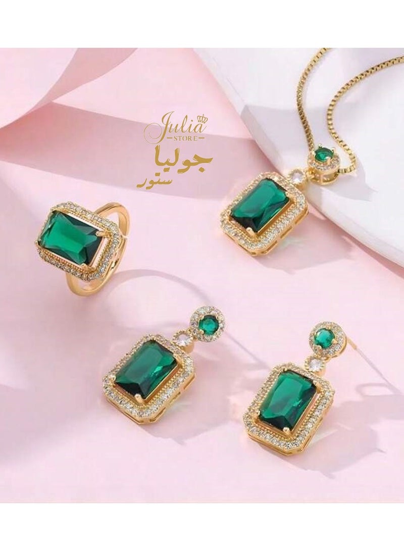 Julia Store Rhinestone Zircon Simulated Green Emerald Pendant Earrings Ring Necklace Set 18K Gold Plated Stainless Steel Jewelry Set of 3  - Image 5