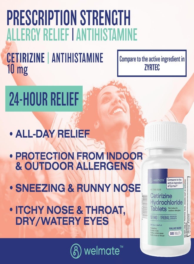 WELMATE - Allergy Relief (500 Tablets) Cetirizine Hydrochloride 10mg - 24 Hours - Non Drowsy - Indoor & Outdoor Allergy Medicine - Antihistamine - Nose, Eyes & Throat - Over-the-Counter Medication - Image 2