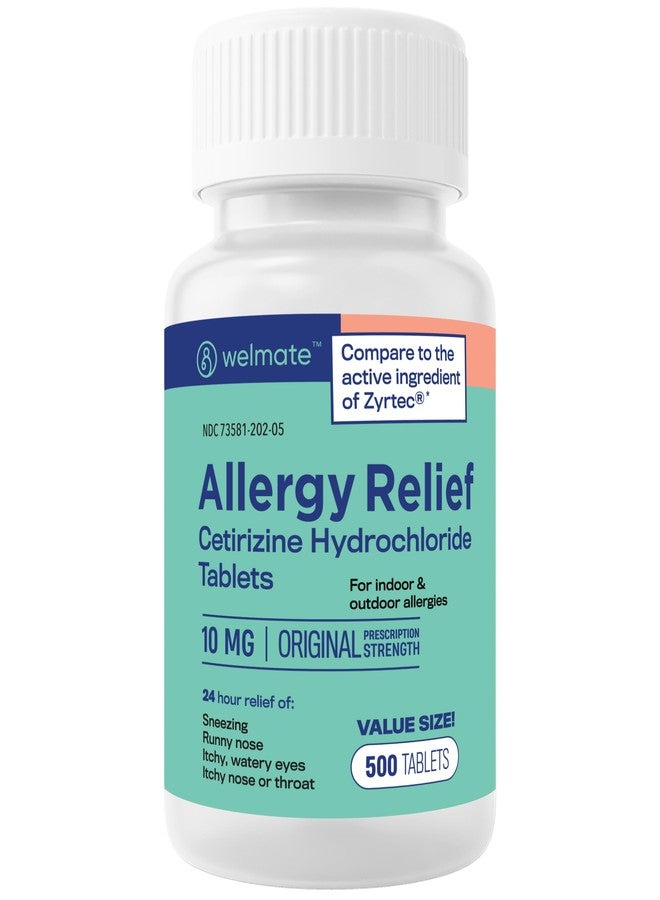 WELMATE - Allergy Relief (500 Tablets) Cetirizine Hydrochloride 10mg - 24 Hours - Non Drowsy - Indoor & Outdoor Allergy Medicine - Antihistamine - Nose, Eyes & Throat - Over-the-Counter Medication - Image 1