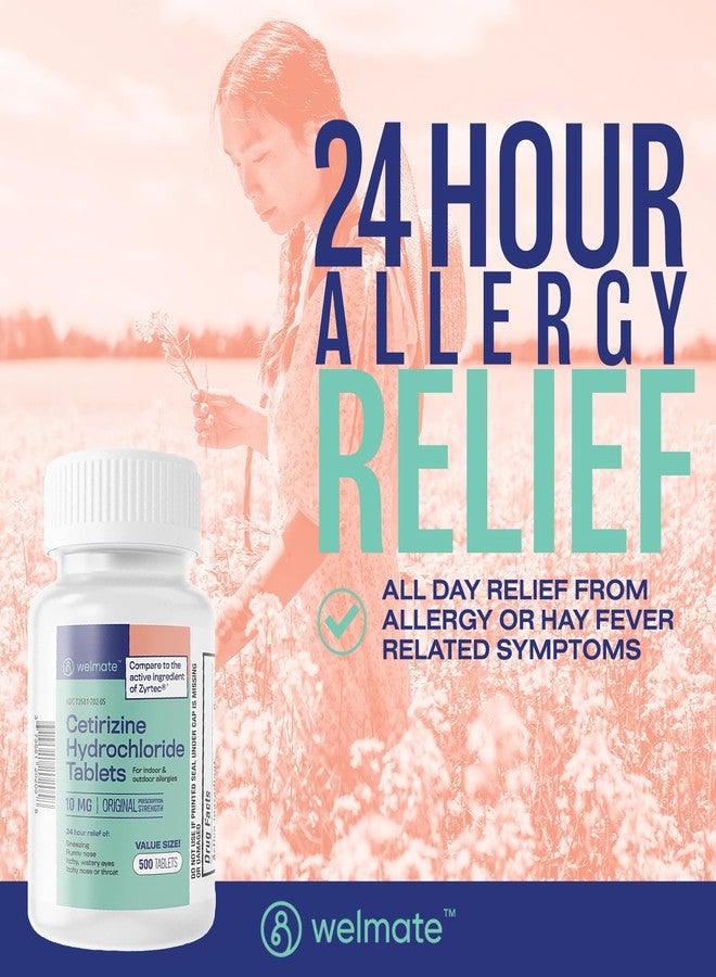 WELMATE - Allergy Relief (500 Tablets) Cetirizine Hydrochloride 10mg - 24 Hours - Non Drowsy - Indoor & Outdoor Allergy Medicine - Antihistamine - Nose, Eyes & Throat - Over-the-Counter Medication - Image 3