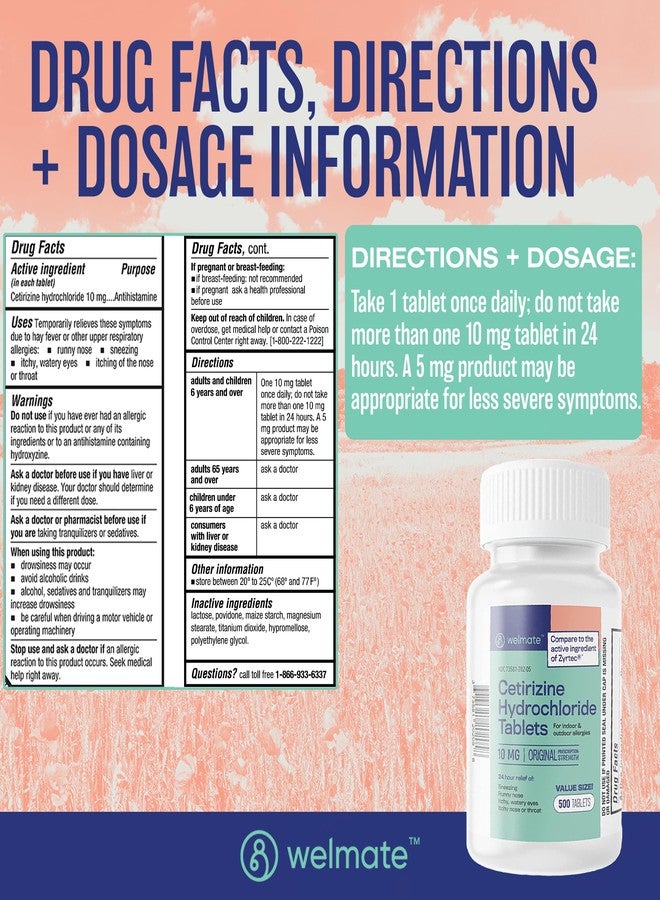 WELMATE - Allergy Relief (500 Tablets) Cetirizine Hydrochloride 10mg - 24 Hours - Non Drowsy - Indoor & Outdoor Allergy Medicine - Antihistamine - Nose, Eyes & Throat - Over-the-Counter Medication - Image 5