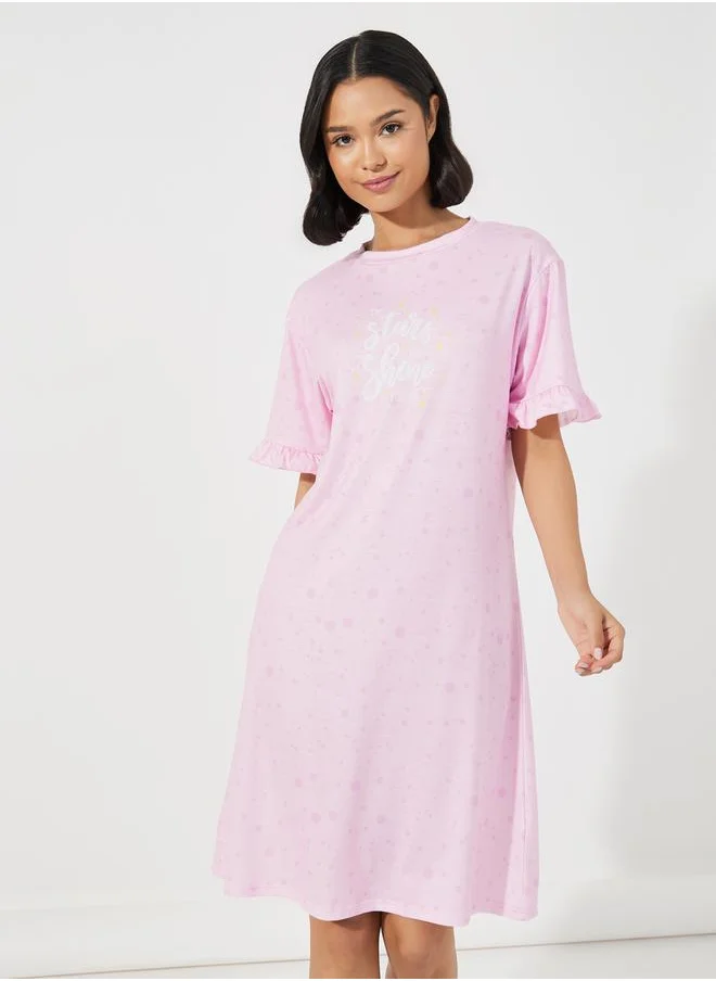 Styli Ruffle Sleeve Slogan Print Sleep T-Shirt Dress