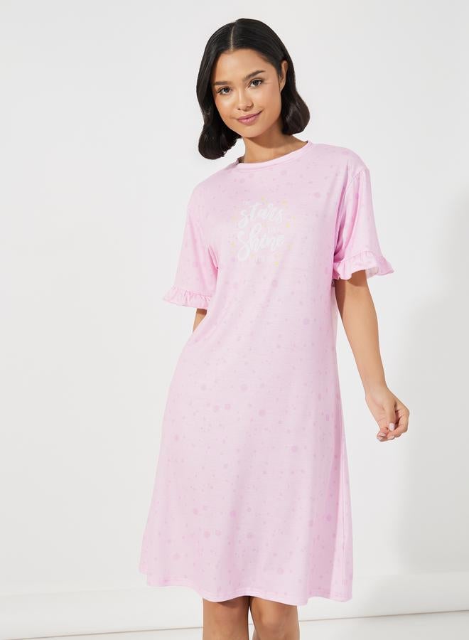 Styli Ruffle Sleeve Slogan Print Sleep T-Shirt Dress - Image 2