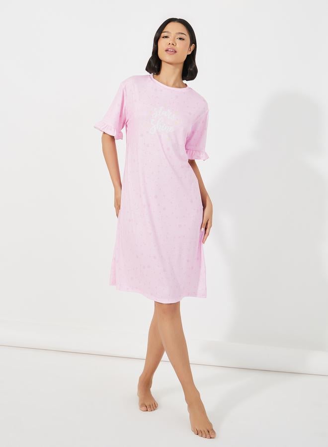 Styli Ruffle Sleeve Slogan Print Sleep T-Shirt Dress - Image 1