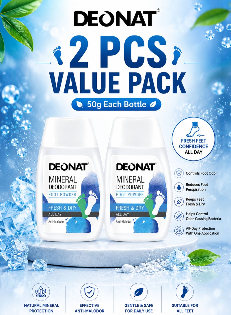 DEONAT Pack of 2 DEONAT Mineral Deodorant Foot Powder 50g Each Value Pack Fresh and Dry All Day Foot Odor Control Powder Helps Reduce Foot Perspiration Anti-Malodor Daily Foot Freshness Care for Men and Women - Image 1