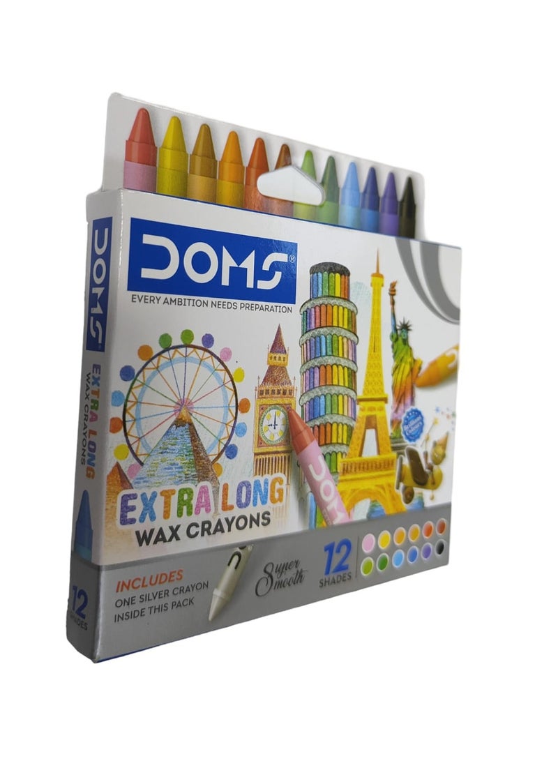 دومس-أقلام شمع طويلة جدًا 12 قطعة. أقلام الشمع + 1 قطعة. قلم تلوين فضي - Image 1