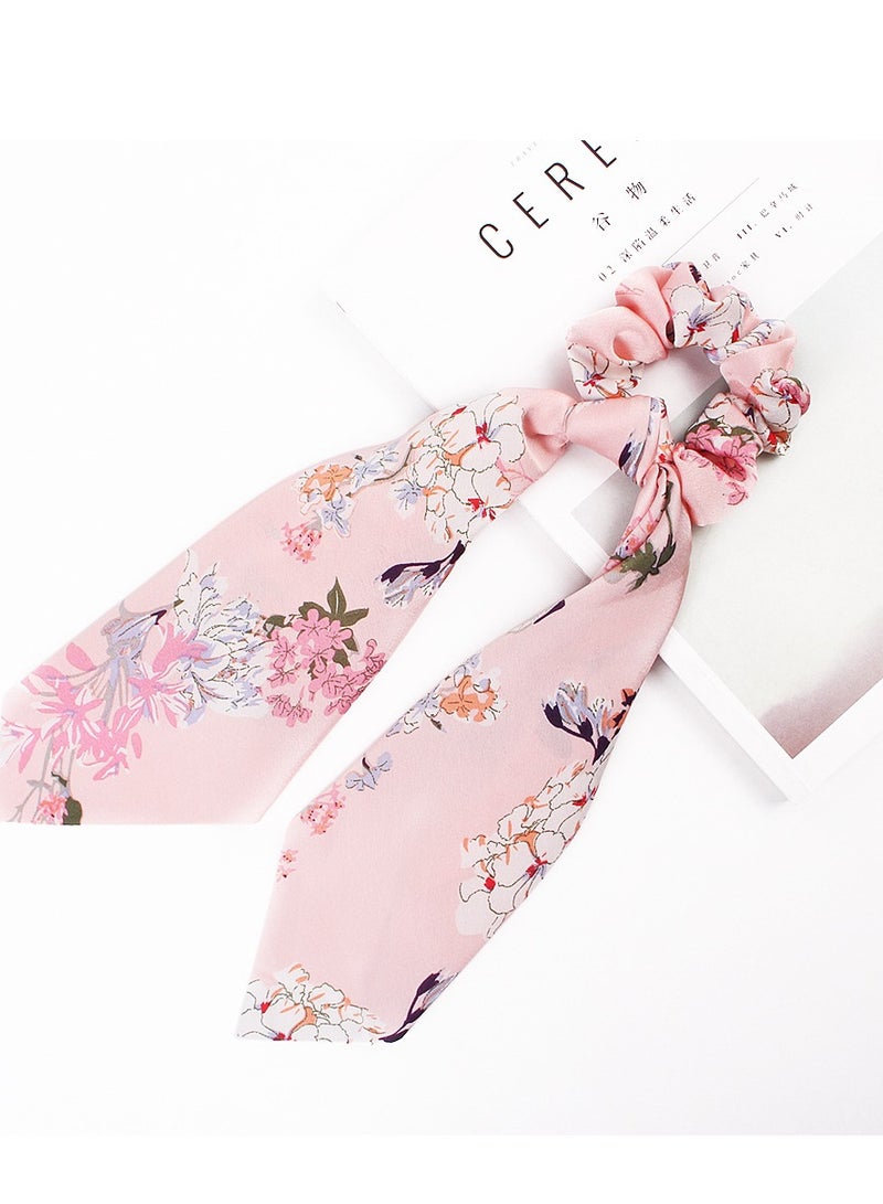 Chiffon Floral Scrunchie Hair Bands Satin Bowknot Long Tails Hair Ties for Women Girls, Pink