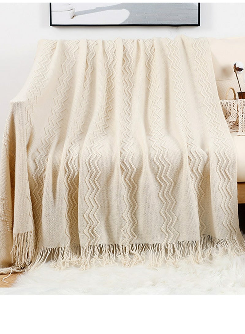 Loquat Solid Color Textured Tassel Design Knitted Soft Throw Blanket Cream White  - Image 1