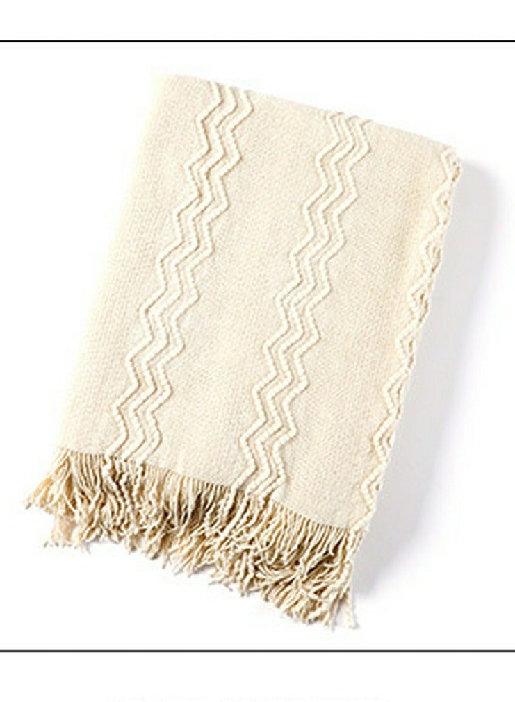 Loquat Solid Color Textured Tassel Design Knitted Soft Throw Blanket Cream White  - Image 2