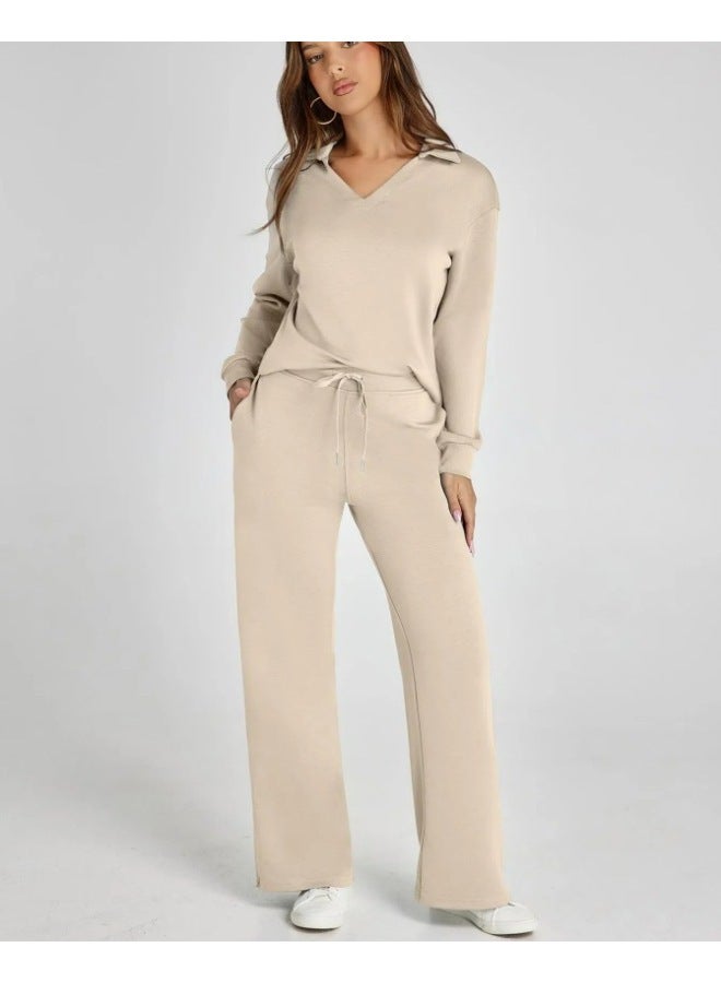 Loose V-neck Long Sleeve Top With Drawstring Design Loose Waist Trousers Two-piece Set