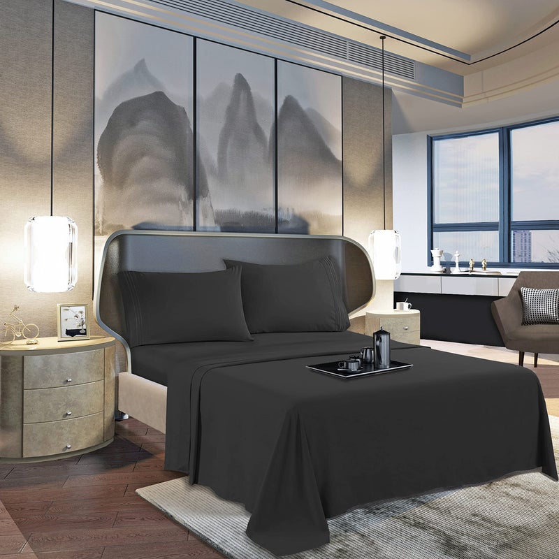 Mocassi Cali King Sheet Set - Hotel Luxury 1800 Thread Count Count Bedding Sheets and Plowscases - صفائح سرير ناعمة للتبريد - جيب عميق - مقاومة للتجاعيد - 4 قطعة - كينج كينج أسود - Image 4