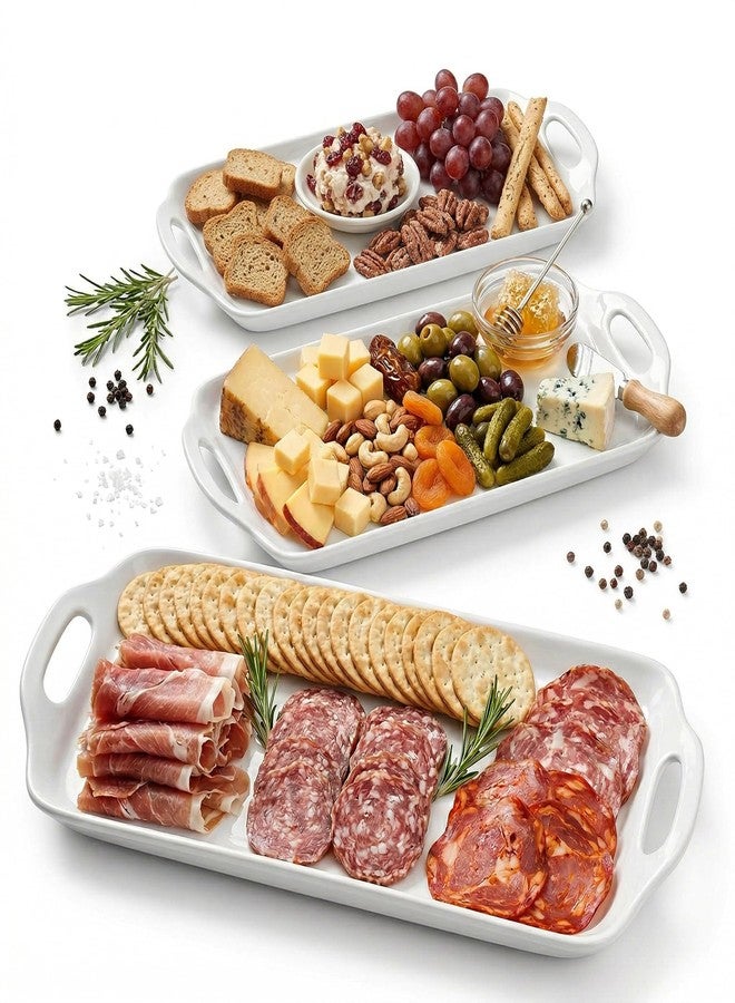 Dizada Serving Tray with Handles 16"x9.5" - White Porcelain Platters 3-Pack, Large Rectangular Serving Platters for Party, Entertaining, Fruit, Turkey, Dessert - Image 1