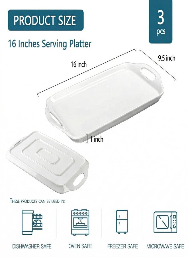 Dizada Serving Tray with Handles 16"x9.5" - White Porcelain Platters 3-Pack, Large Rectangular Serving Platters for Party, Entertaining, Fruit, Turkey, Dessert - Image 2