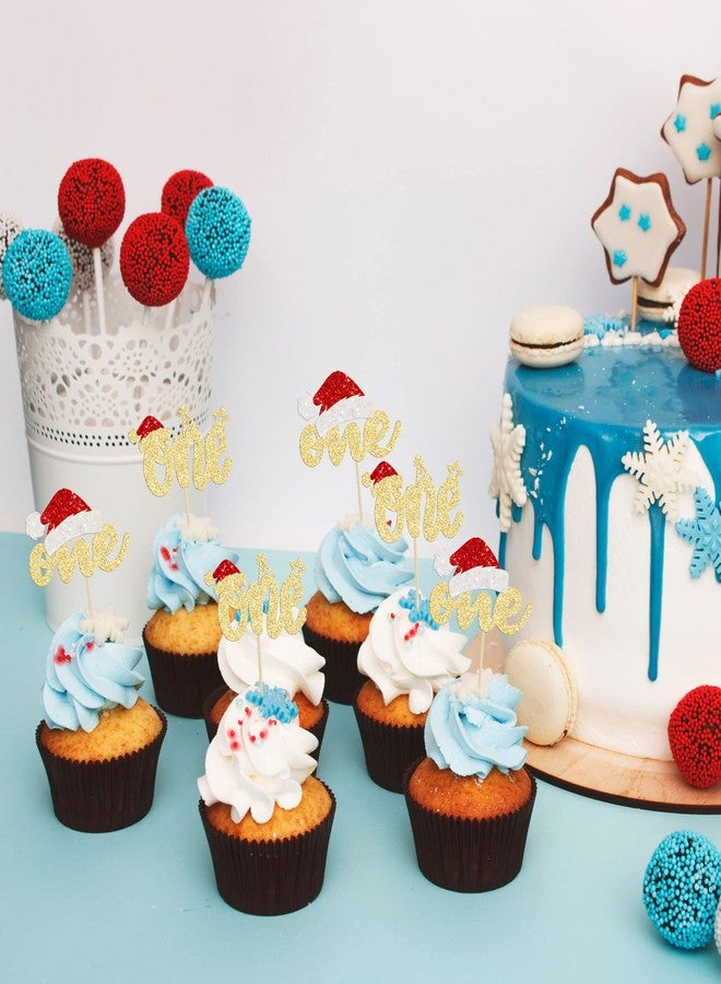 Ephlyn 24Pcs Christmas One Cupcake Toppers Gold Glitter First Birthday Party Cupcake Picks Baby Shower Christmas Theme 1st Birthday Party Cake Decorations Supplies - Image 4