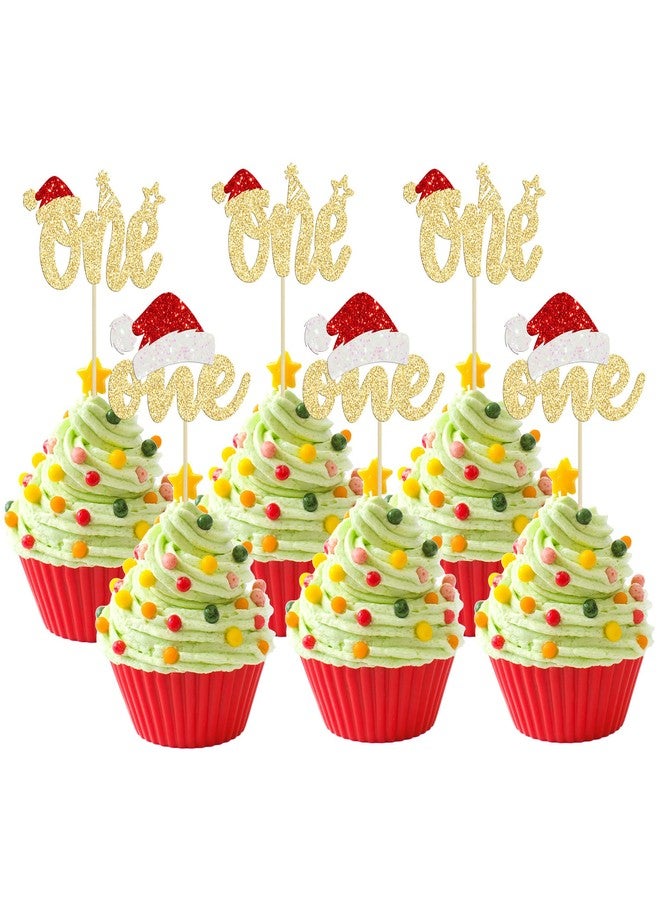 Ephlyn 24Pcs Christmas One Cupcake Toppers Gold Glitter First Birthday Party Cupcake Picks Baby Shower Christmas Theme 1st Birthday Party Cake Decorations Supplies - Image 1