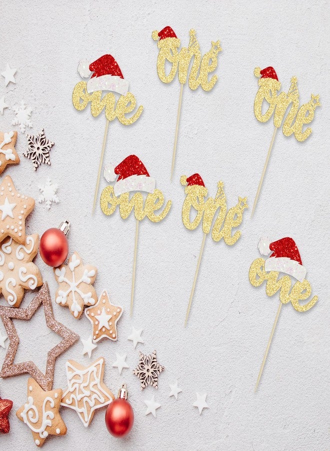Ephlyn 24Pcs Christmas One Cupcake Toppers Gold Glitter First Birthday Party Cupcake Picks Baby Shower Christmas Theme 1st Birthday Party Cake Decorations Supplies - Image 3