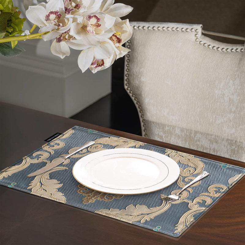 Loom and Mill Luxury Damask Placemats Set of 4  Traditional Jacquard Table Place Mats for Dining Table Kitchen Room Holiday Banquet Decoration  Double Layer Dining Table Mats(12""x18"" Grey Blue) - Image 3