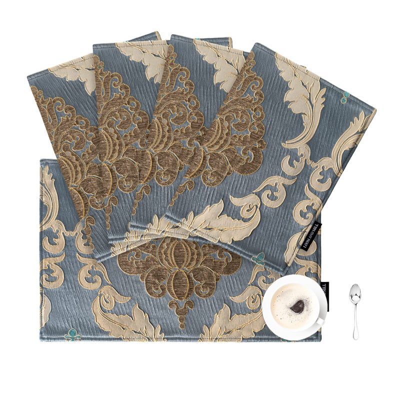 Loom and Mill Luxury Damask Placemats Set of 4  Traditional Jacquard Table Place Mats for Dining Table Kitchen Room Holiday Banquet Decoration  Double Layer Dining Table Mats(12""x18"" Grey Blue) - Image 1