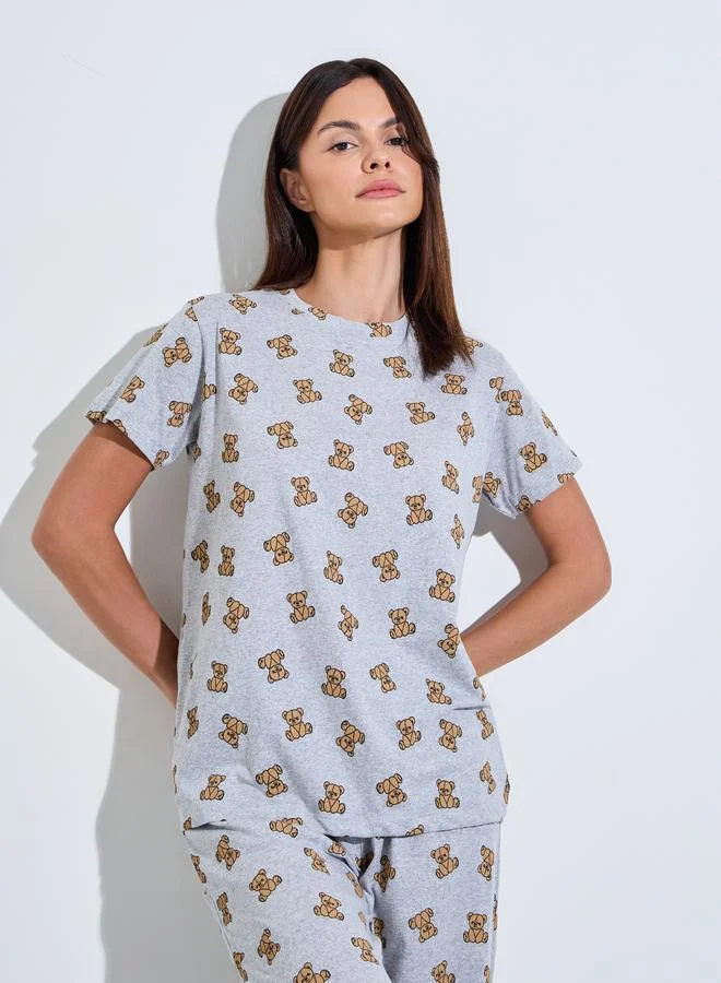 Styli Grey Teddy Bear Print Cotton Blend T-Shirt and Pyjama Set