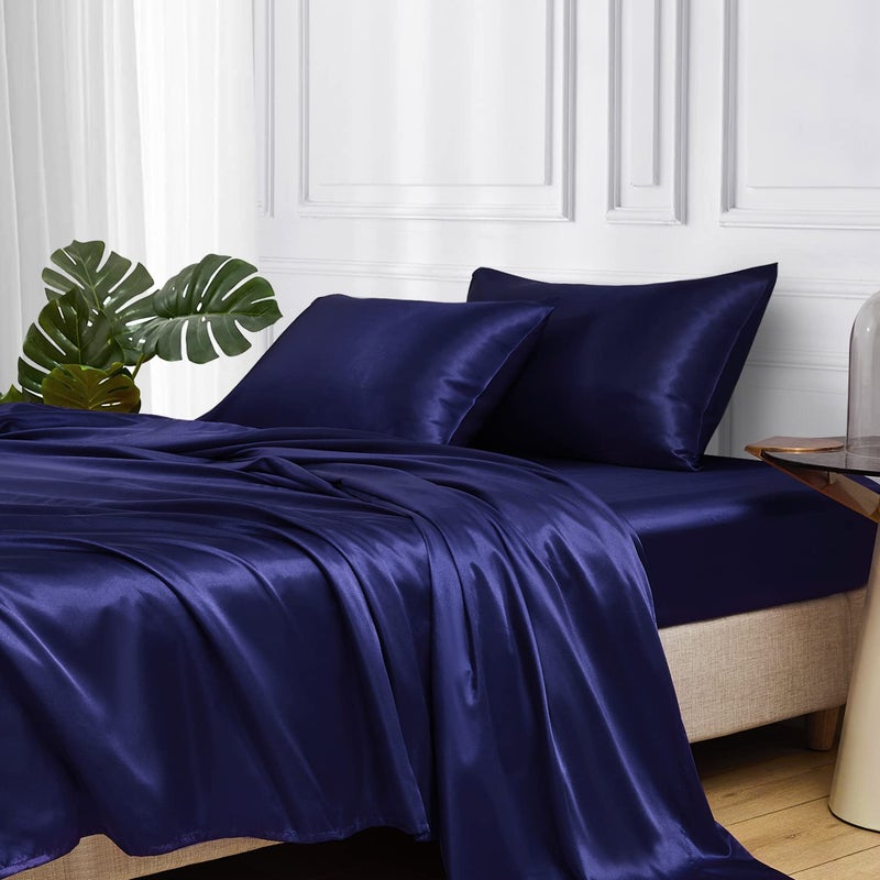 MRHM Satin Bed Sheets Queen Size Sheets Set 4 Pcs Silky Bedding Set with 15 Inches Deep Pocket for Mattress Queen Navy Blue