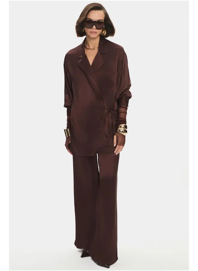 جون June Women %100 Viscose Tie Detailed Flowy Shirt Trouser Set Brown