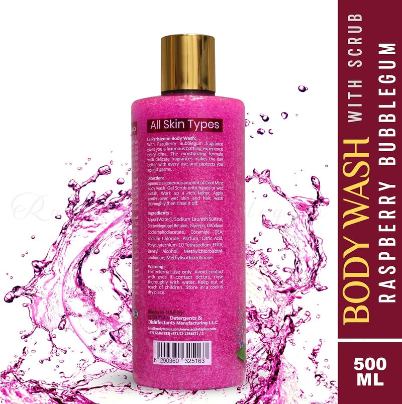 ECOLYTE+ La Parisienne Premium Body Wash with Scrub - Raspberry Bubblegum Scent, 500 ml - Image 2