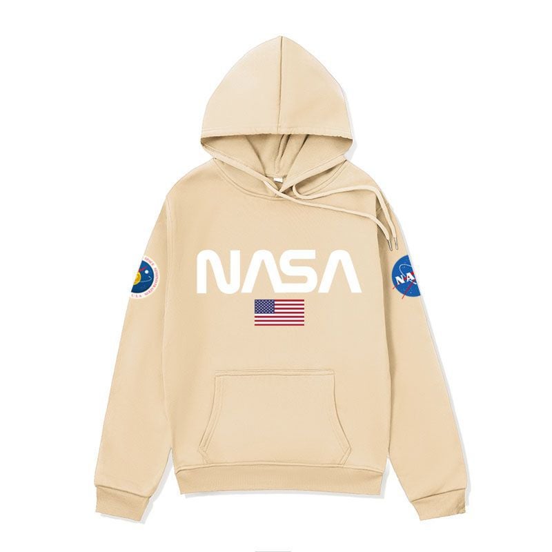 European and American fashion brand NASA series sweater mens American hoodie autumn and winter fleece-lined couple coat hoodies Khaki-white label 