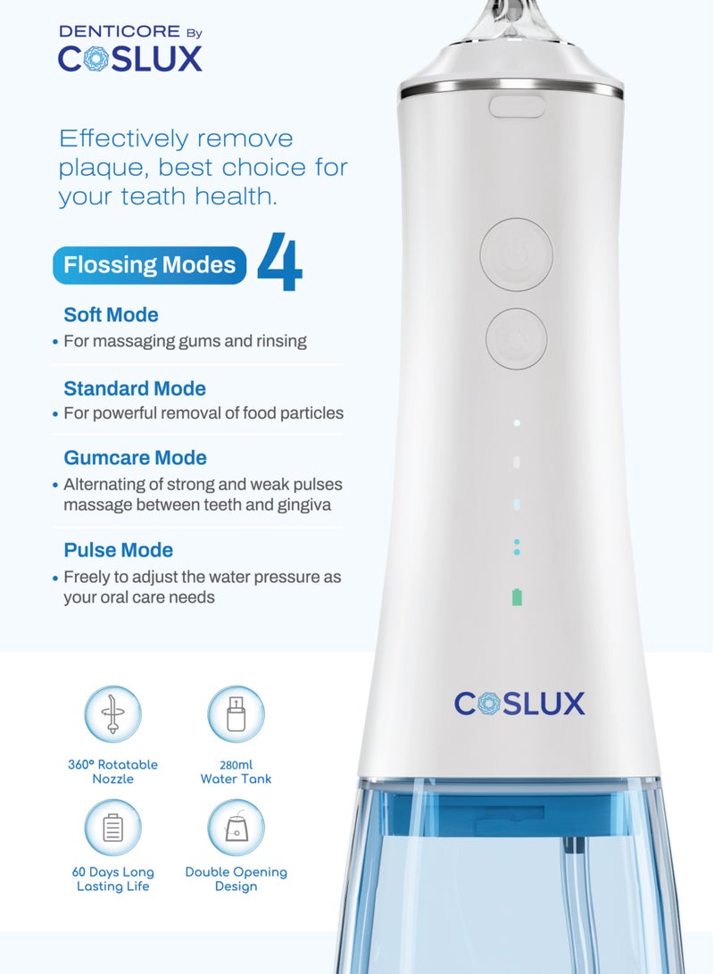 COSLUX Portable Water Flosser – 300ml Tank, 4 Modes, 4 Nozzles, 60-Day Battery, IPX7 Waterproof, Rechargeable, 2-Year Warranty (White) - Image 2