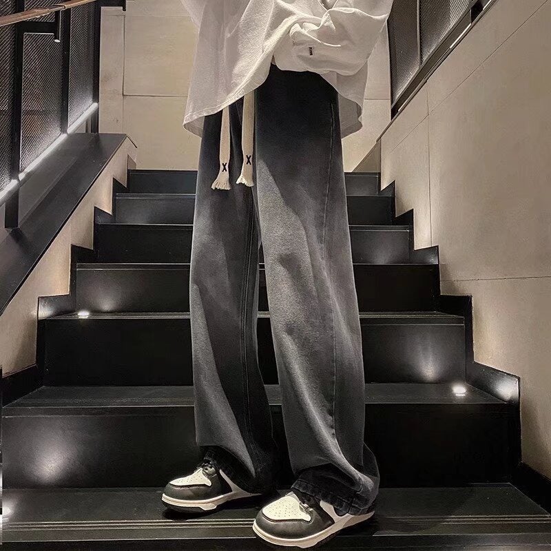 Men's and Women's Spring/Summer New Loose Straight-Leg Wide Leg Pants, Trendy American-Style High Street Gradient Washed Denim Jeans