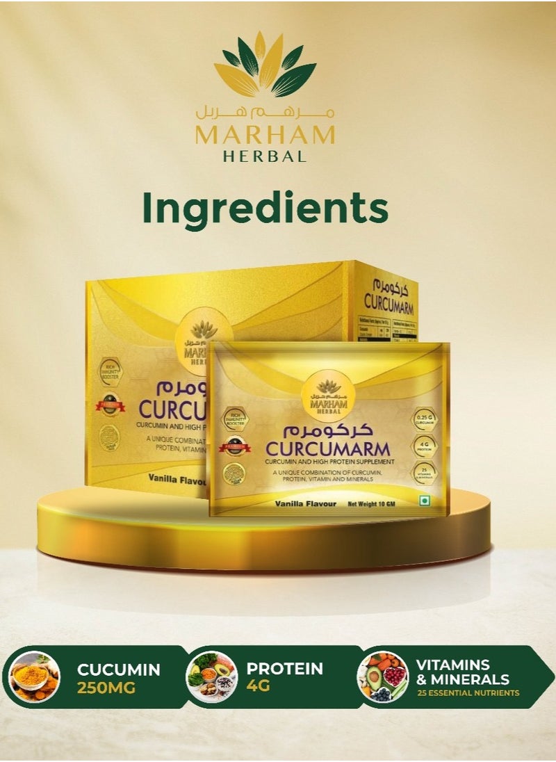 MARHAM HERBAL - Curcumarm Sachet: Curcumin and High Protein Supplement | Rich Immunity Booster | 0.25G Curcumin, 4G Protein & 25 Minerals and Vitamins (10 Sachets) - Image 1