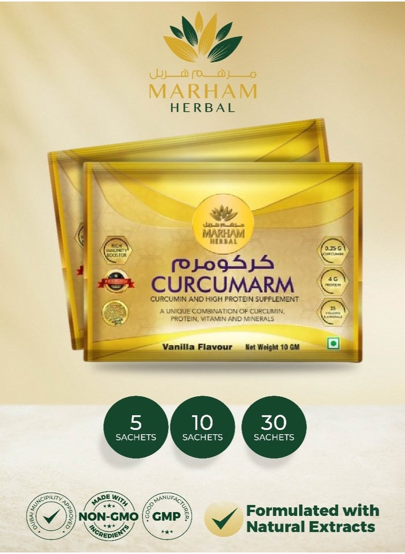 MARHAM HERBAL - Curcumarm Sachet: Curcumin and High Protein Supplement | Rich Immunity Booster | 0.25G Curcumin, 4G Protein & 25 Minerals and Vitamins (10 Sachets) - Image 1