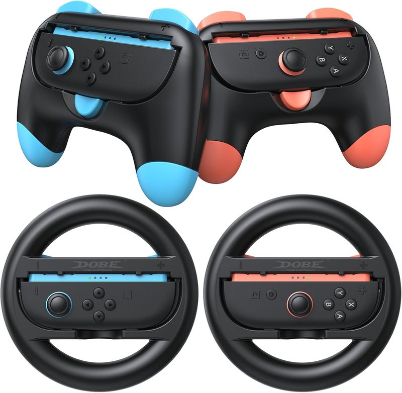 FASTSNAIL Controller Grips & Steering Wheels for Switch 2 (2025), Ergonomic Handles Kit for Mario Kart World/8 Deluxe Wheel, Switch2 Joypad Accessories for Family Party (4 pack) - Image 1