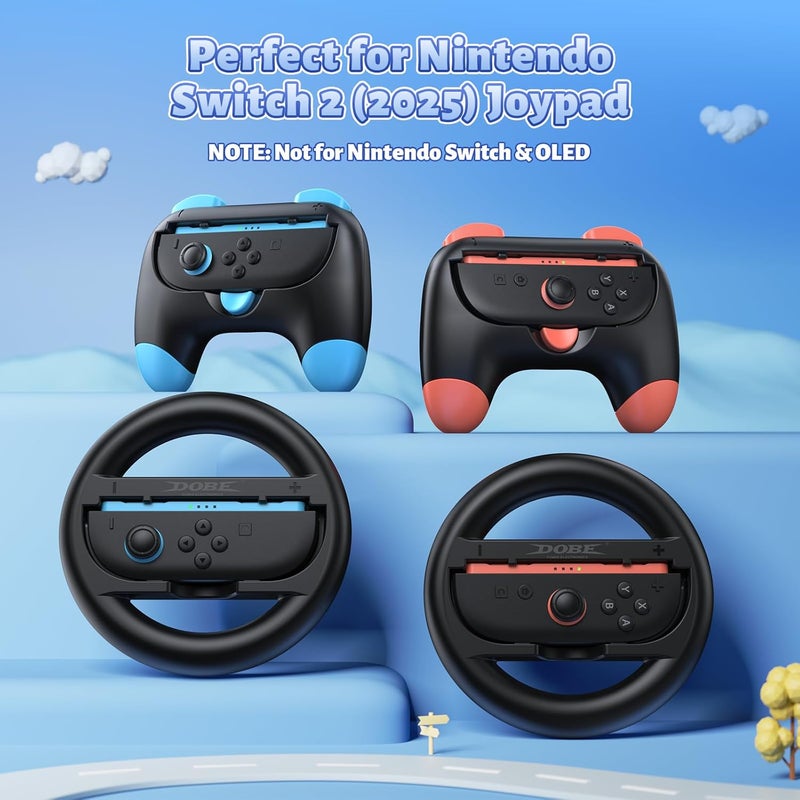 FASTSNAIL Controller Grips & Steering Wheels for Switch 2 (2025), Ergonomic Handles Kit for Mario Kart World/8 Deluxe Wheel, Switch2 Joypad Accessories for Family Party (4 pack) - Image 2