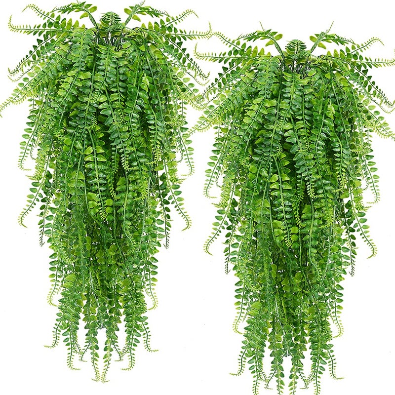 CLONG 2 pcs Artificial Hanging Ferns Plants Vine Fake Ivy Boston Fern Hanging Plant Outdoor UV Resistant Plastic Plants 2 Green