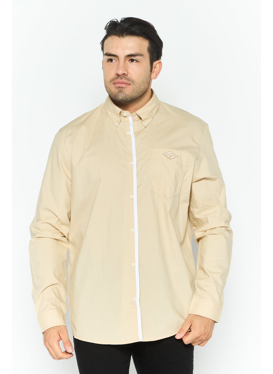 ESPRIT Men Regular Fit Embroidered Long Sleeves Casual Shirt, Beige  - Image 1