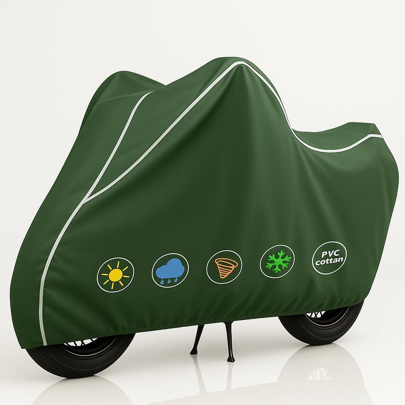 ROWYEET StormGuard PU Bike Cover Premium Waterproof, Dustproof & UV Protected Two-Wheeler Body Shield | Heavy-Duty, All-Weather Protection | Universal Fit for Motorcycles & Scooters(Olive & White PU) - Image 1