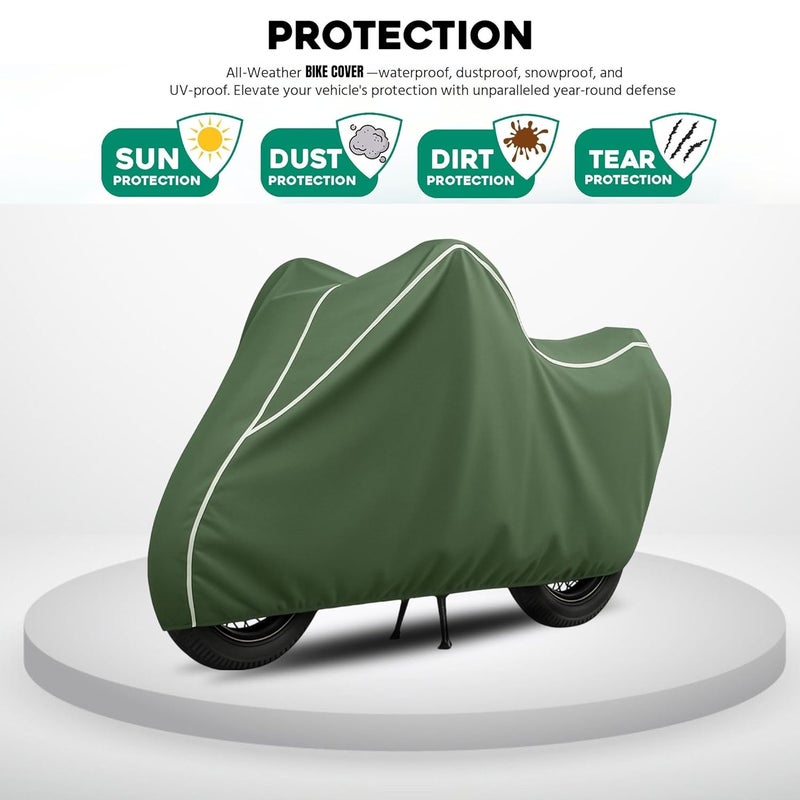 ROWYEET StormGuard PU Bike Cover Premium Waterproof, Dustproof & UV Protected Two-Wheeler Body Shield | Heavy-Duty, All-Weather Protection | Universal Fit for Motorcycles & Scooters(Olive & White PU) - Image 3
