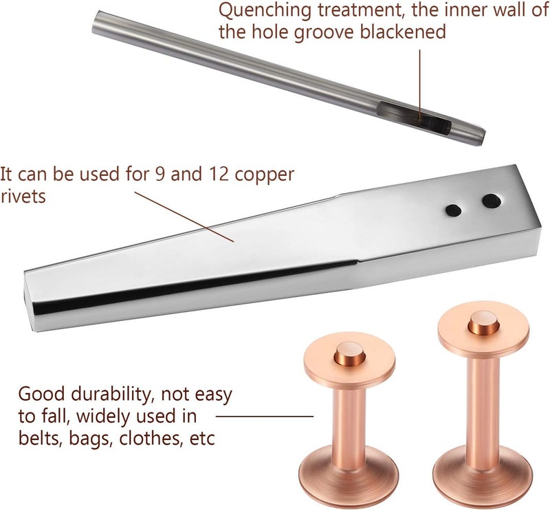 Hotop 50pcs Copper Rivet and Burr Washers for Leather Work #9 and #12 Brass Rivets Setter Install Setting Tool with Hole Punch Cutter Kit for Belts Wallets Collars Leather DIY Craft Supplies - Image 5